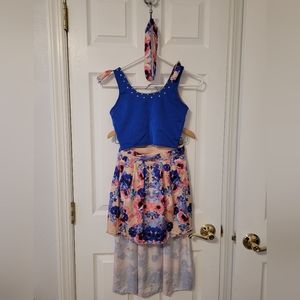 Custom Made Blue and Pink Floral Top and Skirt